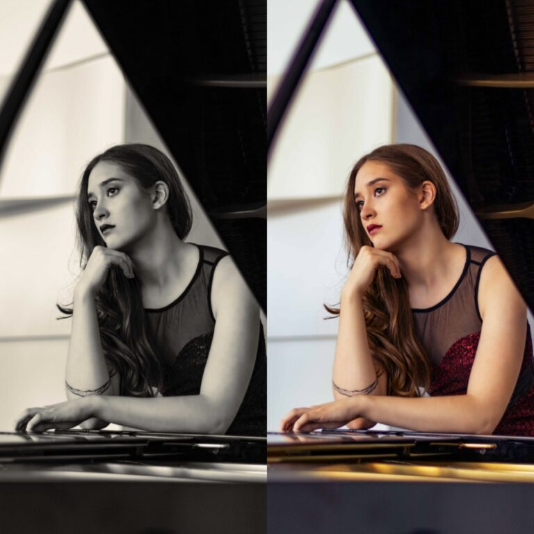 Glamoure líčení. Půl portrét u&nbsp;piana.